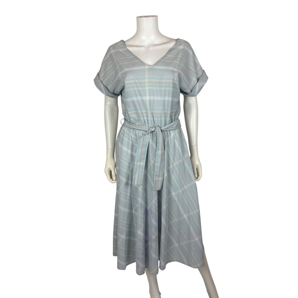 Vintage 80s Striped Dress Womens Large Blue Off The Shoulder Fit And Flare - Picture 2 of 11